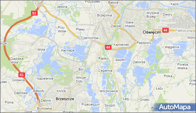 mapa Rajsko gmina Oświęcim, Rajsko gmina Oświęcim na mapie Targeo