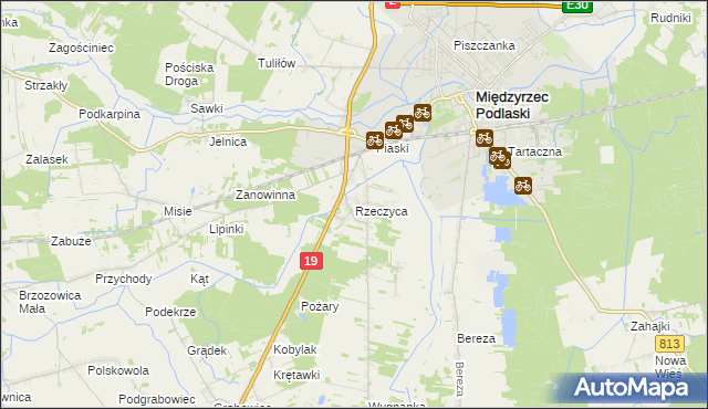 mapa Rzeczyca gmina Międzyrzec Podlaski, Rzeczyca gmina Międzyrzec Podlaski na mapie Targeo