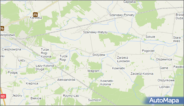 mapa Strzyżew gmina Łuków, Strzyżew gmina Łuków na mapie Targeo