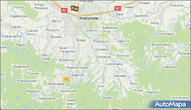 mapa Sułkowice gmina Andrychów, Sułkowice gmina Andrychów na mapie Targeo