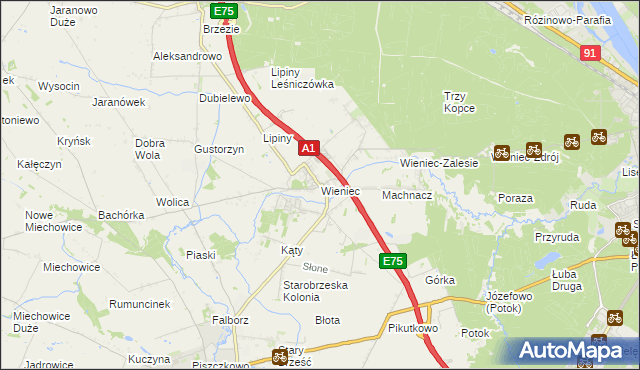 mapa Wieniec gmina Brześć Kujawski, Wieniec gmina Brześć Kujawski na mapie Targeo