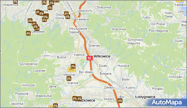 mapa Wilkowice powiat bielski, Wilkowice powiat bielski na mapie Targeo