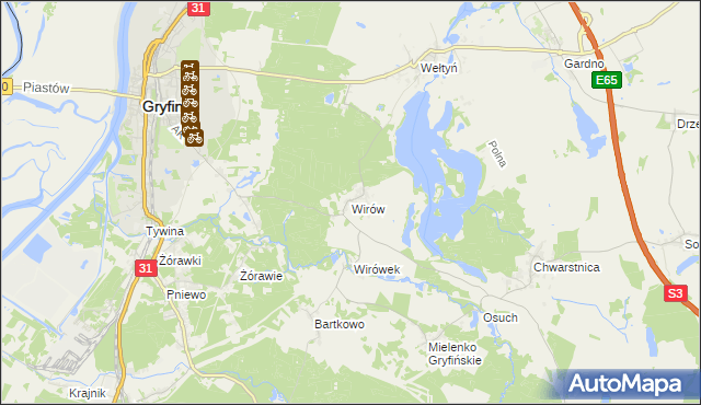 mapa Wirów gmina Gryfino, Wirów gmina Gryfino na mapie Targeo