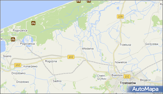 mapa Włodarka gmina Trzebiatów, Włodarka gmina Trzebiatów na mapie Targeo