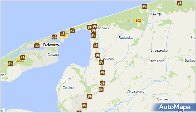 mapa Wrzosowo gmina Kamień Pomorski, Wrzosowo gmina Kamień Pomorski na mapie Targeo