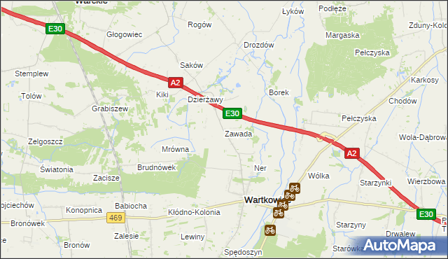 mapa Zawada gmina Wartkowice, Zawada gmina Wartkowice na mapie Targeo