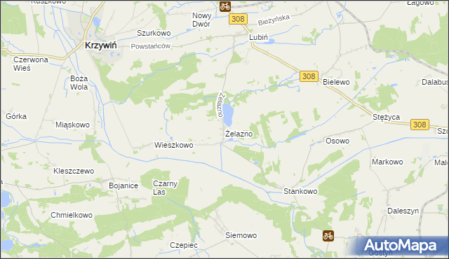 mapa Żelazno gmina Krzywiń, Żelazno gmina Krzywiń na mapie Targeo