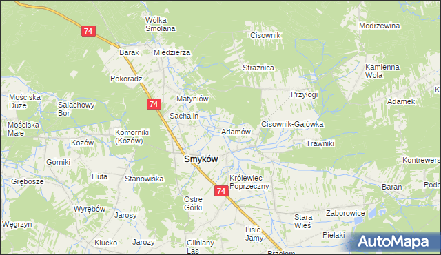 mapa Adamów gmina Smyków, Adamów gmina Smyków na mapie Targeo