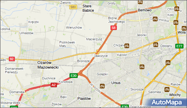 mapa Jawczyce gmina Ożarów Mazowiecki, Jawczyce gmina Ożarów Mazowiecki na mapie Targeo