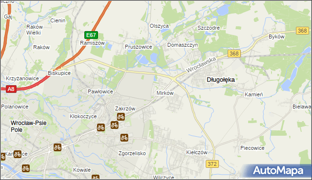 mapa Mirków gmina Długołęka, Mirków gmina Długołęka na mapie Targeo