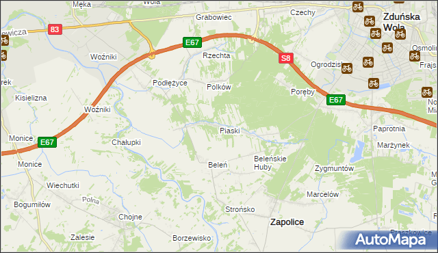 mapa Piaski gmina Zduńska Wola, Piaski gmina Zduńska Wola na mapie Targeo