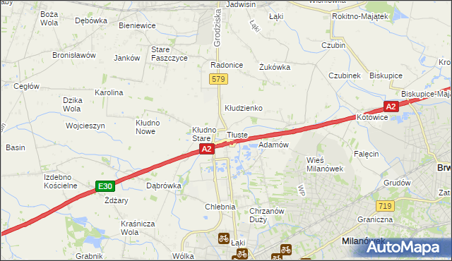 mapa Tłuste gmina Grodzisk Mazowiecki, Tłuste gmina Grodzisk Mazowiecki na mapie Targeo