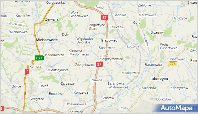 mapa Pielgrzymowice gmina Michałowice, Pielgrzymowice gmina Michałowice na mapie Targeo