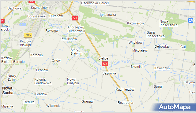 mapa Bielice gmina Sochaczew, Bielice gmina Sochaczew na mapie Targeo