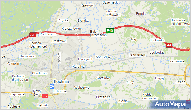 mapa Krzeczów gmina Rzezawa, Krzeczów gmina Rzezawa na mapie Targeo