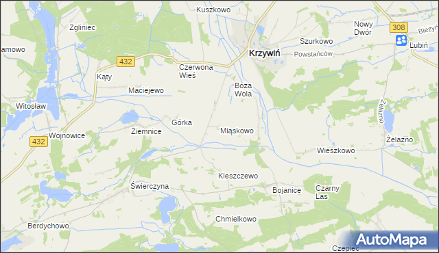 mapa Miąskowo gmina Osieczna, Miąskowo gmina Osieczna na mapie Targeo