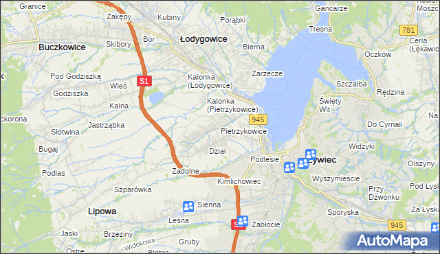 mapa Pietrzykowice gmina Łodygowice, Pietrzykowice gmina Łodygowice na mapie Targeo