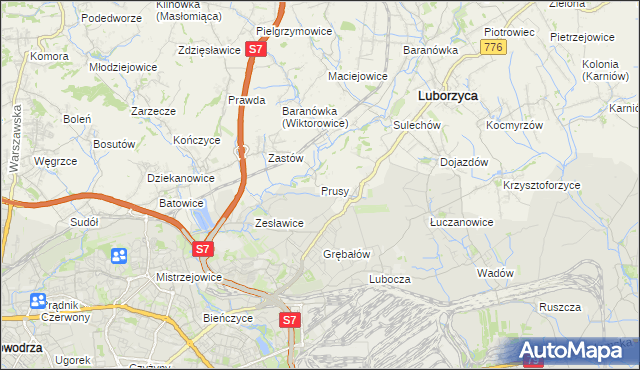 mapa Prusy gmina Kocmyrzów-Luborzyca, Prusy gmina Kocmyrzów-Luborzyca na mapie Targeo