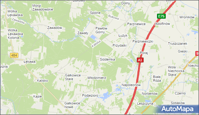 mapa Siódemka gmina Kamieńsk, Siódemka gmina Kamieńsk na mapie Targeo