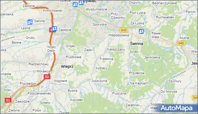 mapa Trzebinia gmina Świnna, Trzebinia gmina Świnna na mapie Targeo
