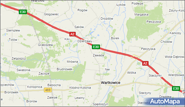 mapa Zawada gmina Wartkowice, Zawada gmina Wartkowice na mapie Targeo