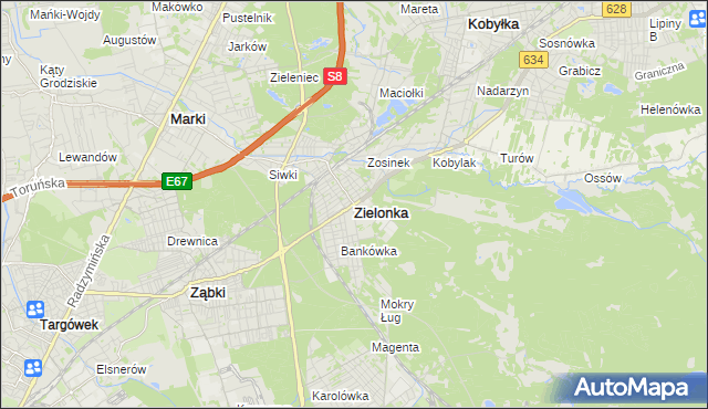 mapa Zielonka powiat wołomiński, Zielonka powiat wołomiński na mapie Targeo