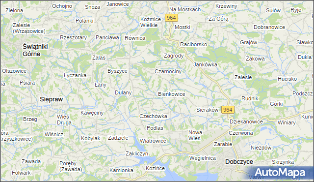 mapa Bieńkowice gmina Dobczyce, Bieńkowice gmina Dobczyce na mapie Targeo