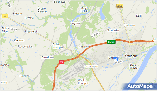 mapa Kozłowo gmina Świecie, Kozłowo gmina Świecie na mapie Targeo