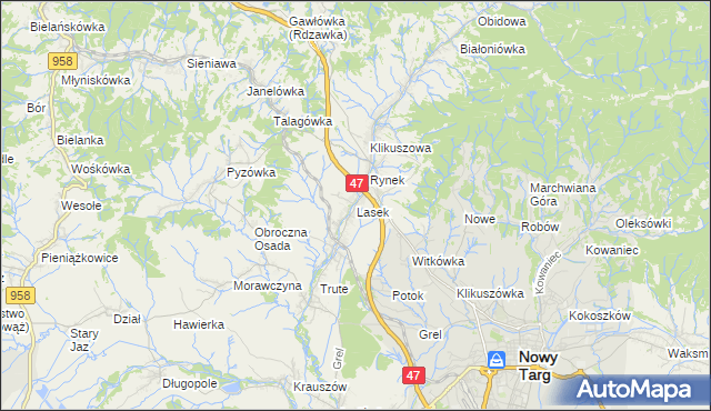 mapa Lasek gmina Nowy Targ, Lasek gmina Nowy Targ na mapie Targeo