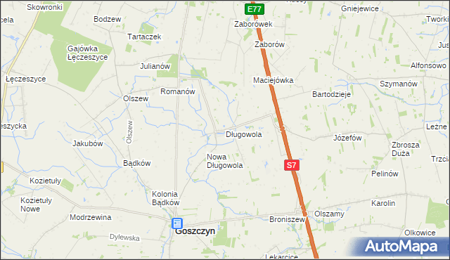 mapa Długowola gmina Goszczyn, Długowola gmina Goszczyn na mapie Targeo