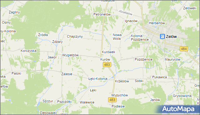 mapa Kurów gmina Zelów, Kurów gmina Zelów na mapie Targeo