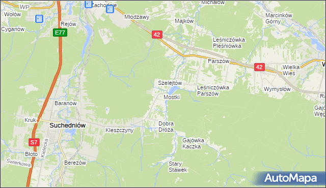 mapa Mostki gmina Suchedniów, Mostki gmina Suchedniów na mapie Targeo