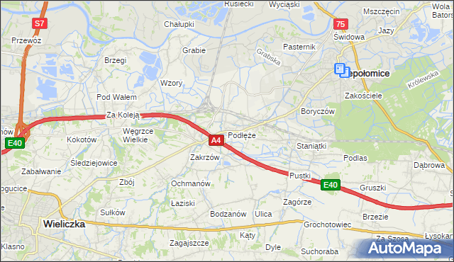 mapa Podłęże gmina Niepołomice, Podłęże gmina Niepołomice na mapie Targeo