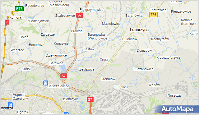 mapa Prusy gmina Kocmyrzów-Luborzyca, Prusy gmina Kocmyrzów-Luborzyca na mapie Targeo