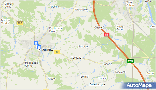 mapa Sokołów gmina Kożuchów, Sokołów gmina Kożuchów na mapie Targeo