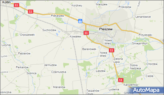 mapa Baranówek gmina Pleszew, Baranówek gmina Pleszew na mapie Targeo