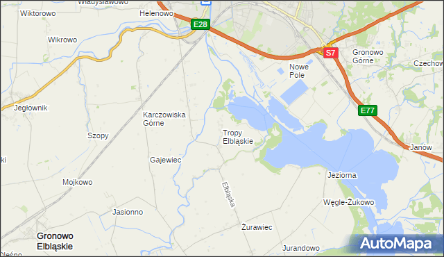 mapa Tropy Elbląskie, Tropy Elbląskie na mapie Targeo