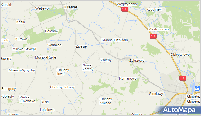 mapa Zaręby gmina Karniewo, Zaręby gmina Karniewo na mapie Targeo