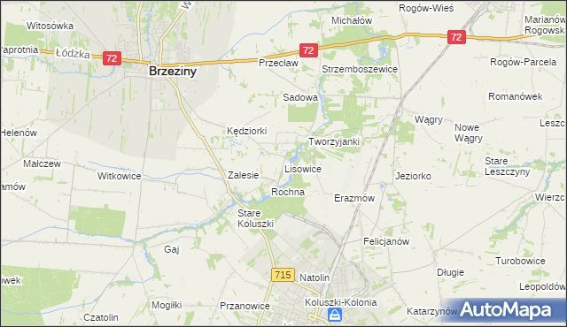 mapa Lisowice gmina Koluszki, Lisowice gmina Koluszki na mapie Targeo