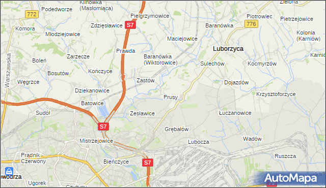 mapa Prusy gmina Kocmyrzów-Luborzyca, Prusy gmina Kocmyrzów-Luborzyca na mapie Targeo