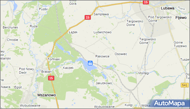 mapa Rakowice gmina Lubawa, Rakowice gmina Lubawa na mapie Targeo