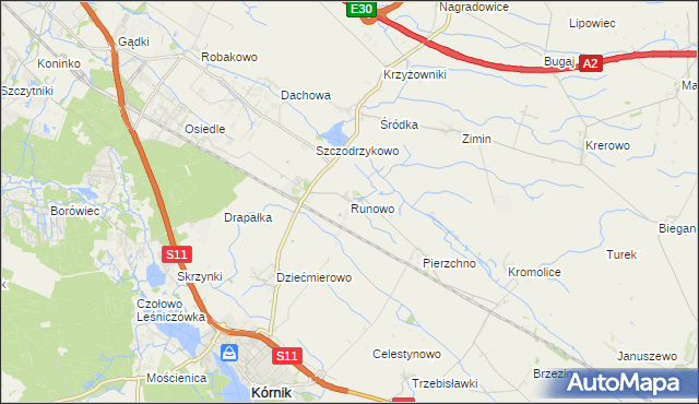 mapa Runowo gmina Kórnik, Runowo gmina Kórnik na mapie Targeo