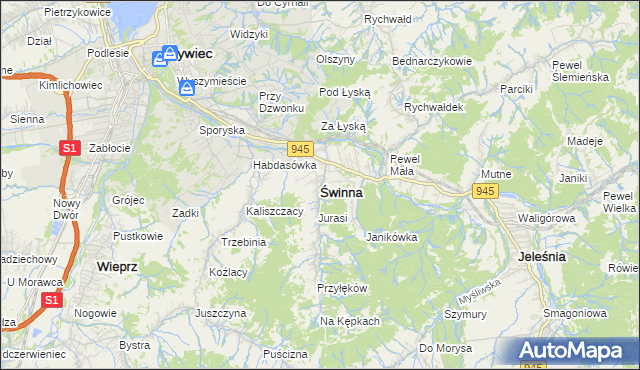 mapa Świnna powiat żywiecki, Świnna powiat żywiecki na mapie Targeo