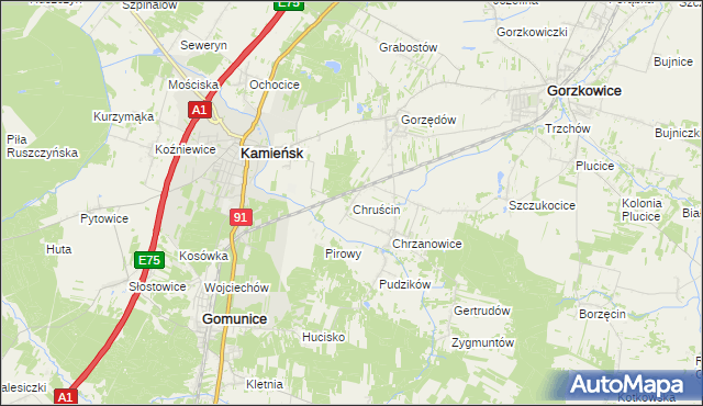 mapa Chruścin gmina Gomunice, Chruścin gmina Gomunice na mapie Targeo