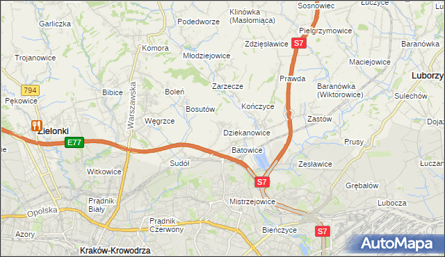 mapa Dziekanowice gmina Zielonki, Dziekanowice gmina Zielonki na mapie Targeo