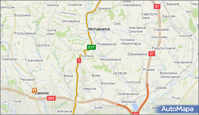 mapa Młodziejowice gmina Michałowice, Młodziejowice gmina Michałowice na mapie Targeo