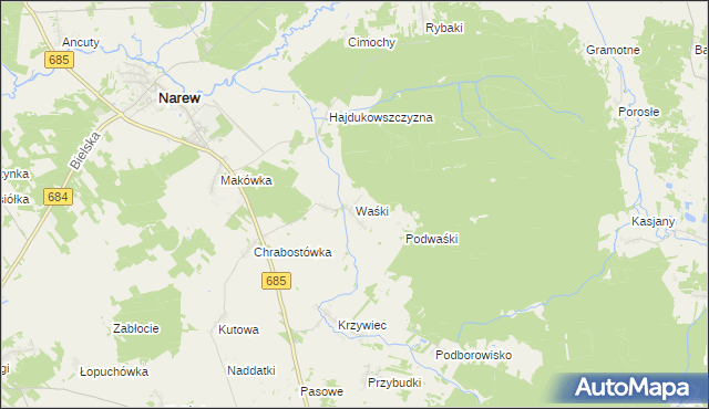 mapa Waśki gmina Narew, Waśki gmina Narew na mapie Targeo