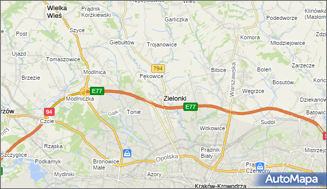 mapa Zielonki powiat krakowski, Zielonki powiat krakowski na mapie Targeo