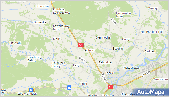 mapa Antonie gmina Olszewo-Borki, Antonie gmina Olszewo-Borki na mapie Targeo