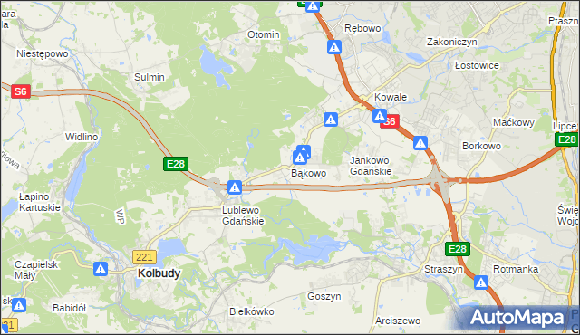 mapa Bąkowo gmina Kolbudy, Bąkowo gmina Kolbudy na mapie Targeo